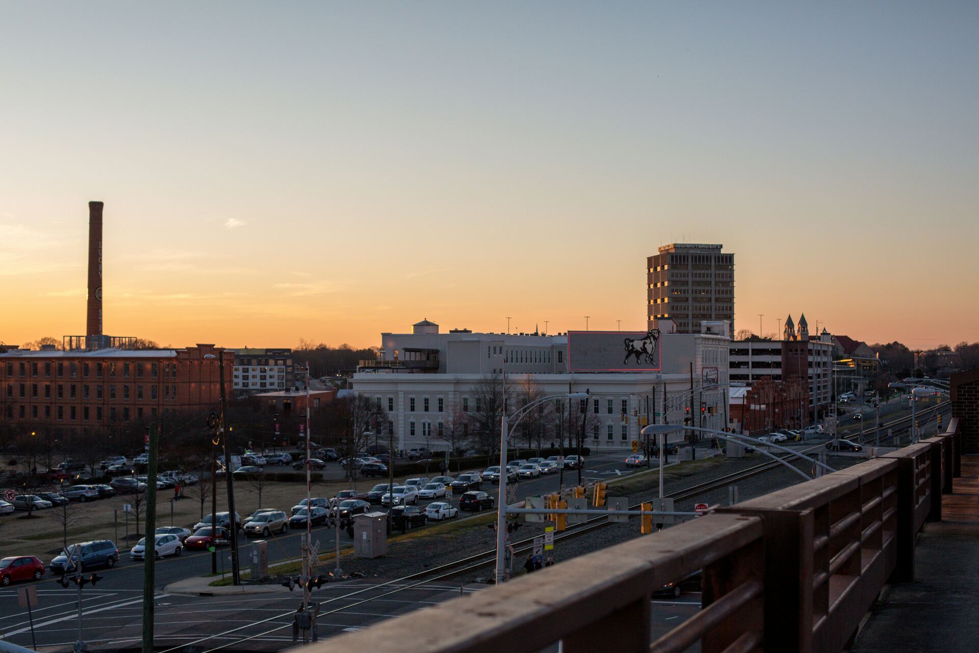 The downtown Durham, North Carolina skyline at sunset